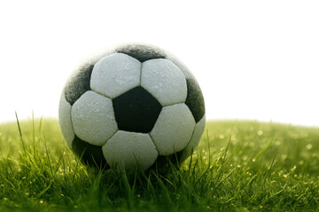 Fototapeta premium Soccer ball sitting on green grass field, covered in water drops, ready for a game, having a transparent background