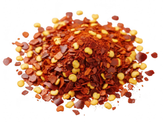 A small pile of bright red crushed chili pepper flakes with visible yellow seeds isolated on transparent background