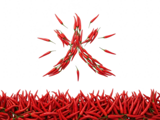 Chinese character for fire made from many small red chili peppers isolated on transparent background