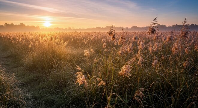 A field of reeds bathed in the warm light of sunrise, creating a serene and peaceful landscape.