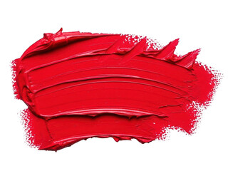 Vibrant red lipstick or paint smear texture swatch isolated on transparent background for cosmetic or artistic design element