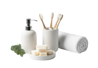 Elegant bathroom set with soap dispenser, toothbrushes, soap, and towel