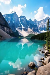 Sunlit Canadian Rockies Glacial Lake Reflects Snow-Capped Peaks and Lush Forests