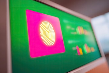 Close-up of a monitor screen displaying a fingerprint icon, suggesting biometric security or access. The screen has a green background with a pink square and a