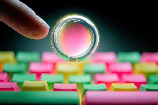 A finger touches a glowing sphere above a colorful keyboard, set against a dark background. The image has a futuristic and abstract feel.