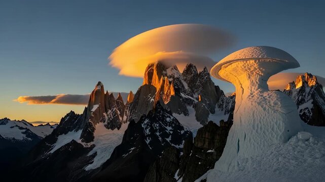 Golden Hour over Fitz Roy Massif with Lenticular Cloud and Snow Formation in Patagonia