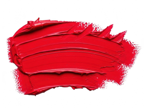 Vibrant red lipstick or paint smear texture swatch isolated on transparent background for cosmetic or artistic design element