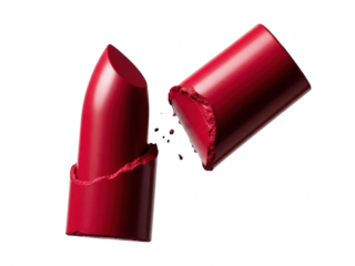 Broken red lipstick stick snapped in half, isolated on transparent background, symbolizing cosmetic failure or makeup product damage