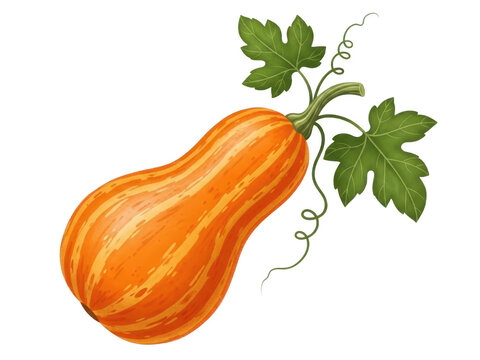 Butternut squash with green vine and leaves, a delicious winter vegetable isolated on transparent background