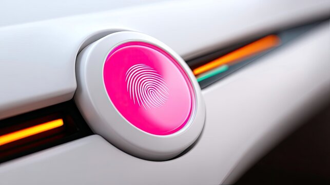 Close-up of a fingerprint scanner on a car interior. The scanner is a pink button with a white fingerprint icon. The design is futuristic and sleek.