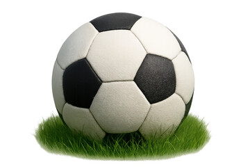 Soccer ball on a small patch of green grass, showing the classic black and white design on a transparent background