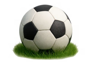 Soccer ball on a small patch of green grass, showing the classic black and white design on a transparent background
