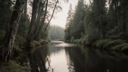 Serene River Flowing Through a Lush Green Forest.