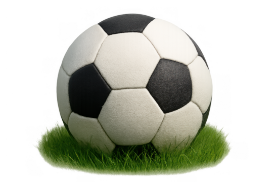 Soccer ball on a small patch of green grass, showing the classic black and white design on a transparent background - Powered by Adobe