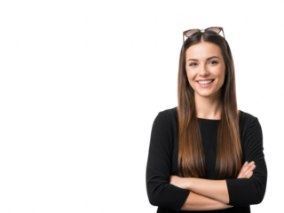 Smiling young businesswoman with long brown hair and glasses on head, arms crossed, isolated on transparent background