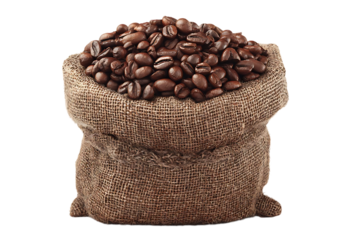A burlap sack overflowing with roasted coffee beans, presented against a clean white background.