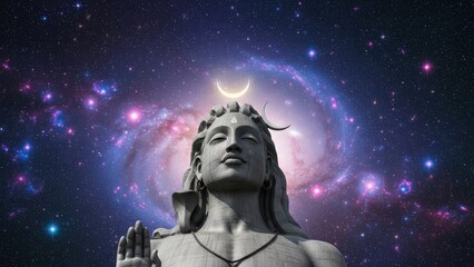 Hyperrealistic Cosmic Shiva Statue under Galactic Night Sky with Crescent Moon