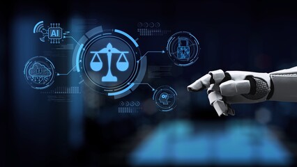 A robotic hand interacts with futuristic graphics depicting justice scales, emphasizing the intersection of law and advanced technology in modern society. Synapse