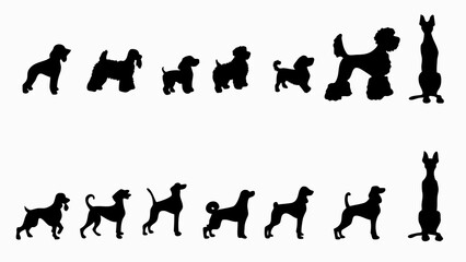 Diverse dog breeds in silhouette formation, a collection of canine shapes, perfect for pet lovers, veterinarians, and animal adoption campaigns that need a touch of style