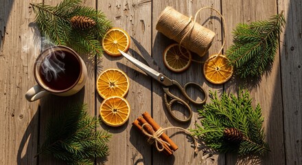 Steaming cup dried orange slices cinnamon sticks pine and cedar branches with craft scissors on a rustic wooden surface