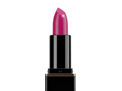 Vibrant magenta pink lipstick with pointed tip in sleek black and gold case, isolated on transparent background