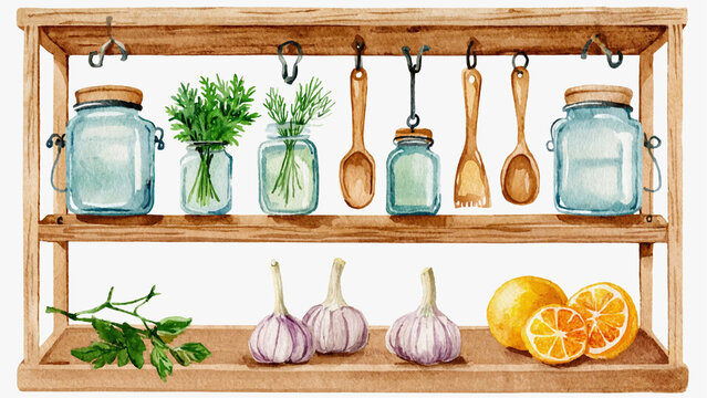 wooden shelve with herbs and jars water color illustration.ai 