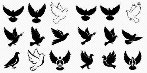 Fototapeta premium Collection of black and white dove illustrations in various poses, including flying, standing, and holding olive branches, with one featuring a peace symbol.
