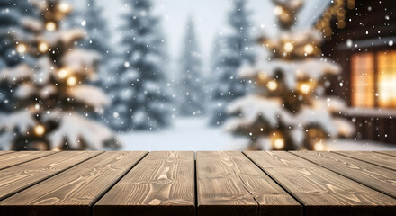 Wooden tabletop display with a blurred winter background of snow-covered trees, festive lights, and falling snow for Christmas holiday product mockups.