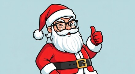 Cartoon Santa Claus with white beard red suit and hat wearing glasses and winking gives a thumbs up gesture