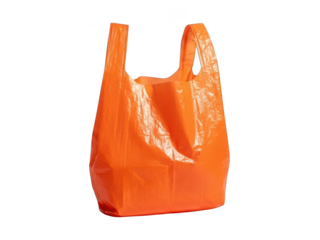 Bright orange plastic shopping carrier bag with handles isolated on transparent background for retail and grocery transport
