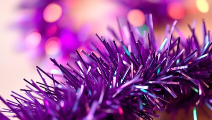 Closeup of a vibrant purple tinsel garland with blurred lights in the background, creating a festive atmosphere christmas