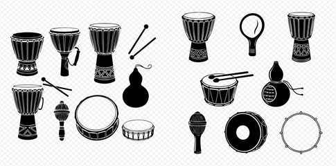 Collection of African and tribal percussion instruments silhouettes, including djembe drums, maracas, and tambourines in black and white vector art.