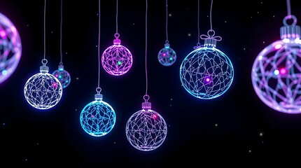 Glowing christmas ornaments hanging from above with blue and purple lights on a dark background create a festive mood christmas