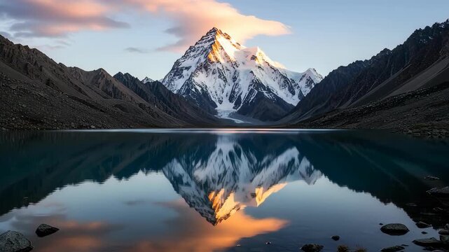Majestic K2 mountain and its perfect reflection in a tranquil alpine lake during golden hour