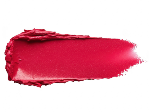 Vibrant red lipstick smear swatch texture isolated on transparent background for beauty and cosmetic product presentation