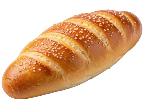 Freshly baked golden brown loaf of bread with diagonal cuts and sesame seeds, isolated on transparent background