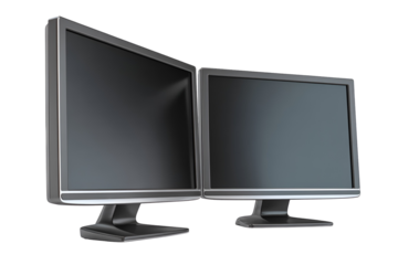 Dual Monitors Displaying Abstract Wireframe Landscape Data Visualization, isolated on transparent background
