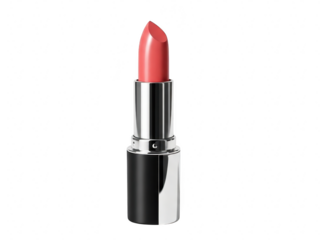 Closeup of a single tube of coral pink lipstick with a silver and black casing, isolated on transparent background