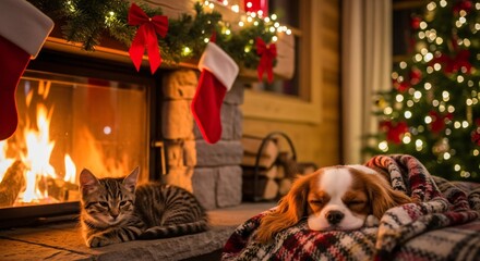 Festive Christmas fireplace with sleeping dog, tabby cat, and holiday decorations