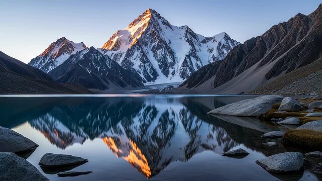 Majestic K2 mountain peak perfectly reflected in a tranquil alpine lake at sunrise with golden light on snow.