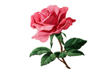 Fototapeta premium Detailed Embroidered Red Rose with Leaf on Black Fabric, isolated on transparent background