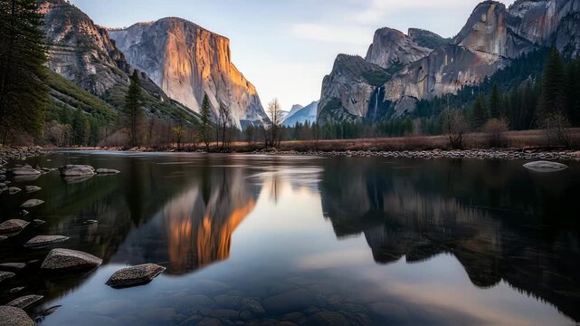 Golden light on El Capitan and Yosemite Valley reflected in Merced River at sunrise, Yosemite National Park, California.