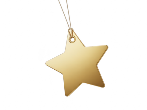 Shiny golden starshaped gift tag or award emblem hanging by a thin string isolated on transparent background