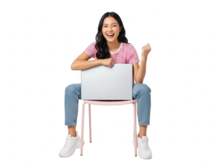 Excited young asian woman sitting on chair with laptop computer and showing success gesture isolated on transparent background