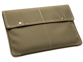 Close up of a stylish, textured olive green leather sleeve or pouch for a tablet or small laptop, closed with snap buttons isolated on transparent background