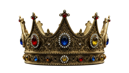 Ornate golden crown with jewels isolated on transparent background