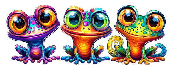 Naklejka premium Colorful Magical Frogs with Big Eyes in a Vibrant Cartoon Style Illustration