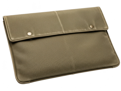Close up of a stylish, textured olive green leather sleeve or pouch for a tablet or small laptop, closed with snap buttons isolated on transparent background - Powered by Adobe