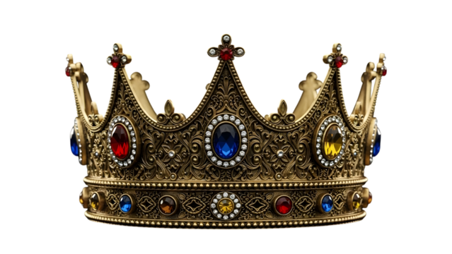 Ornate golden crown with jewels isolated on transparent background
