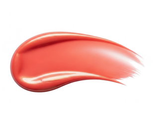 Glossy coral red lip gloss or lipstick makeup swatch smear isolated on transparent background
